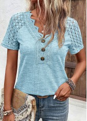 Lace Light Blue Short Sleeve V Neck T Shirt