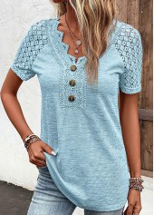 Lace Light Blue Short Sleeve V Neck T Shirt