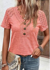 Lace Orange Short Sleeve V Neck T Shirt