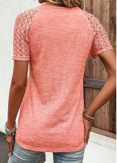 Lace Orange Short Sleeve V Neck T Shirt