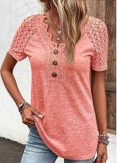 Lace Orange Short Sleeve V Neck T Shirt