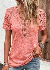 Lace Orange Short Sleeve V Neck T Shirt