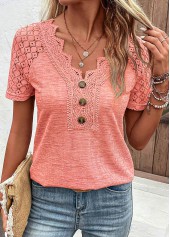 Lace Orange Short Sleeve V Neck T Shirt