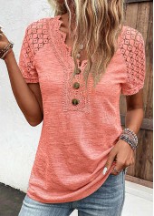 Lace Orange Short Sleeve V Neck T Shirt