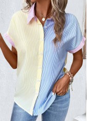 Multi Stripe Print Patchwork Light Yellow Short Sleeve Blouse