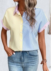 Multi Stripe Print Patchwork Light Yellow Short Sleeve Blouse