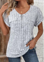 Zipper Light Grey Marl Short Sleeve V Neck Blouse