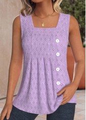 Textured Fabric Purple Sleeveless Square Neck Tank Top