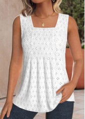 Textured Fabric White Sleeveless Square Neck Tank Top