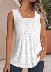 Textured Fabric White Sleeveless Square Neck Tank Top