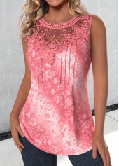 Tribal Print Lace Pink Sleeveless Round Neck Tank Top