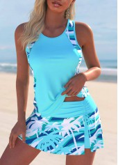 Tropical Plants Print Cut Out Cyan Tankini Set