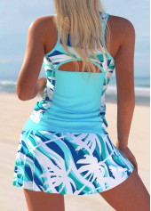 Tropical Plants Print Cut Out Cyan Tankini Set