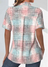 Plaid Pocket Light Pink Short Sleeve Shirt Collar Blouse