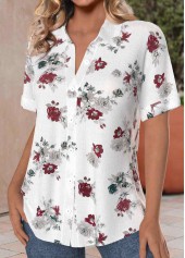 Floral Print Button White Short Sleeve Shirt Collar Blouse