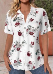 Floral Print Button White Short Sleeve Shirt Collar Blouse
