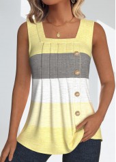 Striped Button Light Yellow Sleeveless Square Neck Tank Top