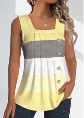 Striped Button Light Yellow Sleeveless Square Neck Tank Top