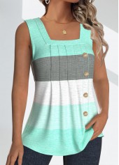Striped Button Mint Green Sleeveless Square Neck Tank Top