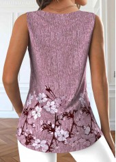 Floral Print Button Dark Reddish Purple Sleeveless Tank Top