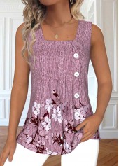 Floral Print Button Dark Reddish Purple Sleeveless Tank Top