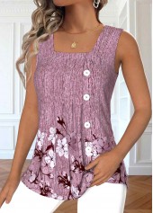 Floral Print Button Dark Reddish Purple Sleeveless Tank Top