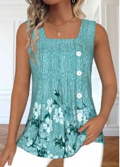 Floral Print Button Mint Green Sleeveless Tank Top