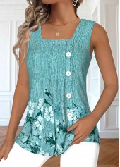 Floral Print Button Mint Green Sleeveless Tank Top