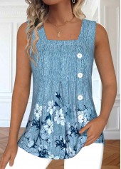 Plus Size Dusty Blue Button Floral Print Tank Top