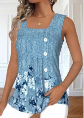 Plus Size Dusty Blue Button Floral Print Tank Top