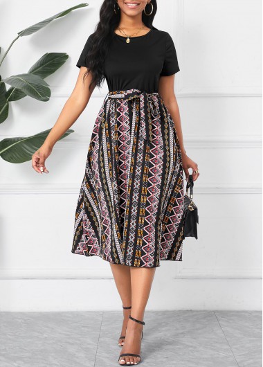 Tribal Print Patchwork Belted Black Short Sleeve Dress 35$