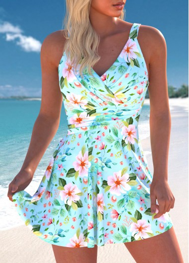 Floral Print Surplice Mint Green Swimdress Top