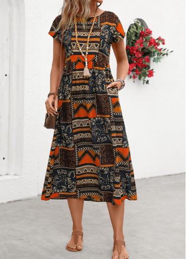 Tribal Print Pocket Orange Short Sleeve Round Neck Dress Tribal Print Pocket Orange Short Sleeve Round Neck Dress
