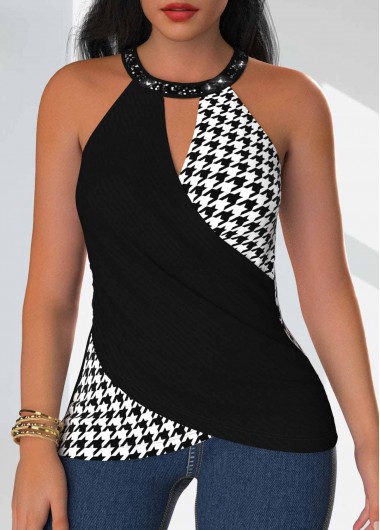 Geometric Print Sequin Black Sleeveless Halter Tank Top 30$