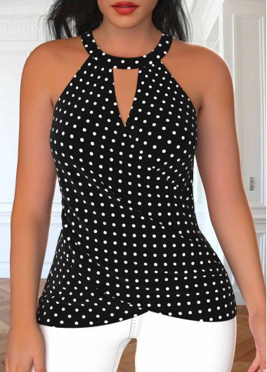 Polka Dot Cut Out Black Sleeveless Halter Tank Top 30$