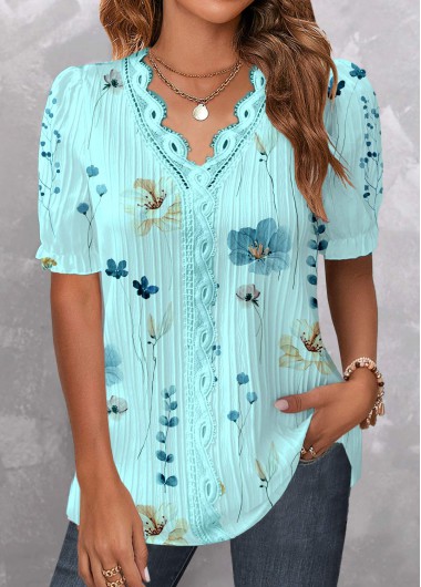 Floral Print Patchwork Cyan Short Sleeve V Neck Blouse