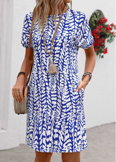 Graffiti Print Pocket Dark Blue Short Sleeve Shift Dress