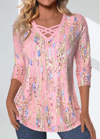 Geometric Print Criss Cross Light Pink T Shirt Geometric Print Criss Cross Light Pink T Shirt