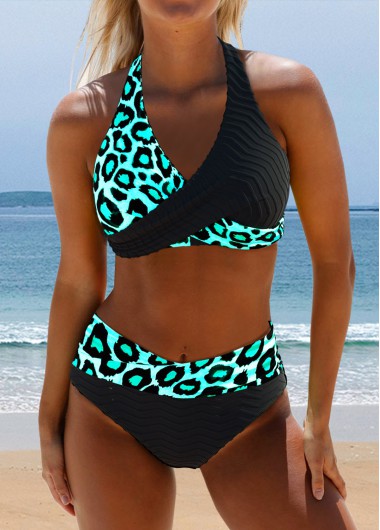 Floral Print Surplice Black Bikini Set