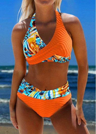 Floral Print Surplice Orange Bikini Set