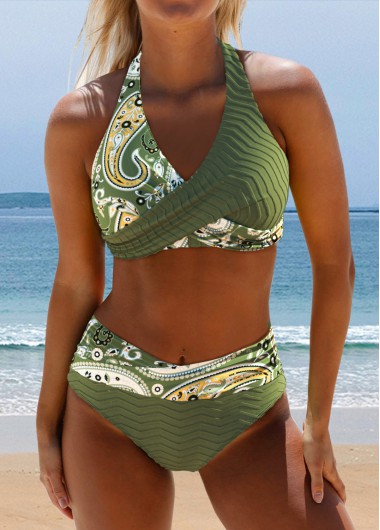 Floral Print Surplice Olive Green Bikini Set