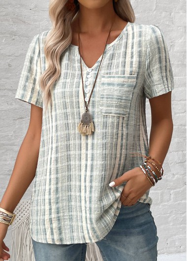 Plus Size Light Green Button Striped Short Sleeve Shirt 34$