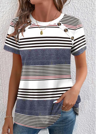 Dusty Blue Plus Size Button Striped T Shirt 29$