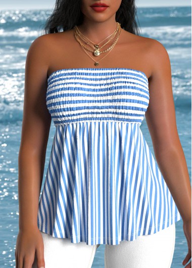 Striped Smocked Blue Sleeveless Bandeau Tank Top 29$
