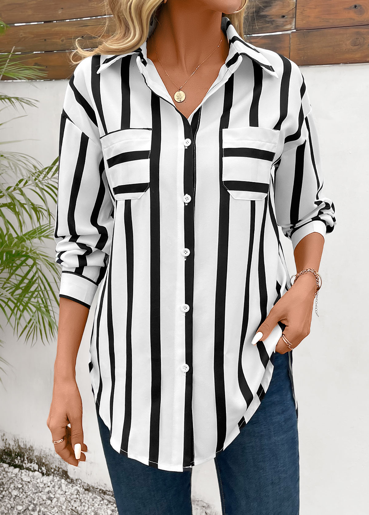 Striped Pocket Black Long Sleeve Shirt Collar Blouse