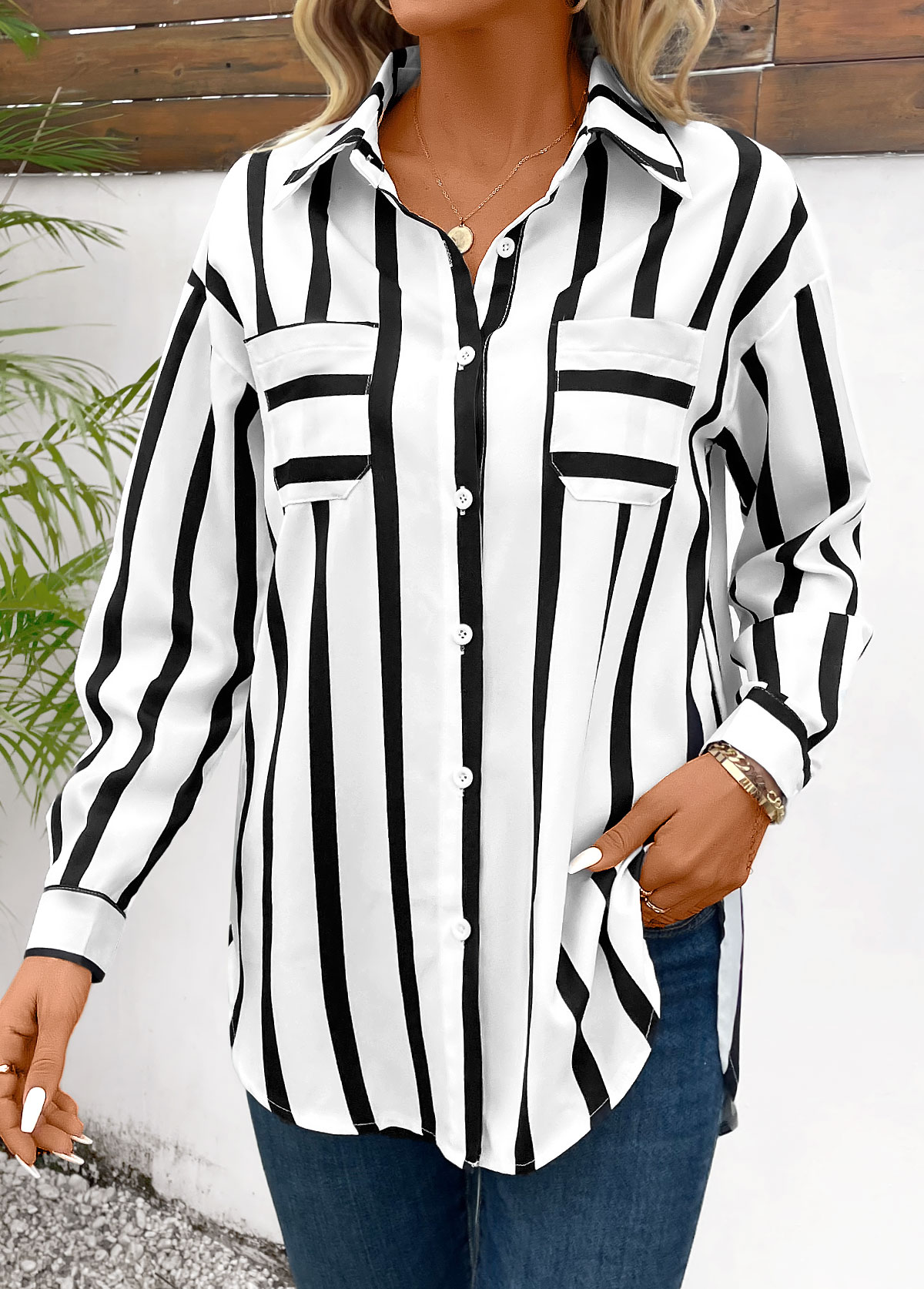Striped Pocket Black Long Sleeve Shirt Collar Blouse