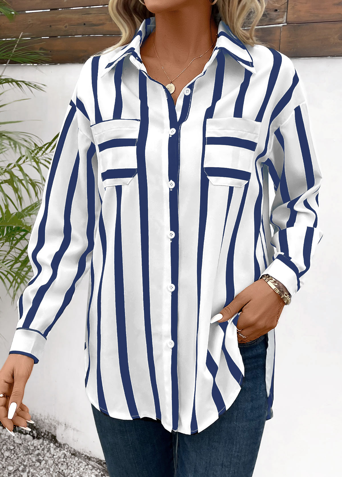 Striped Pocket Blue Long Sleeve Shirt Collar Blouse