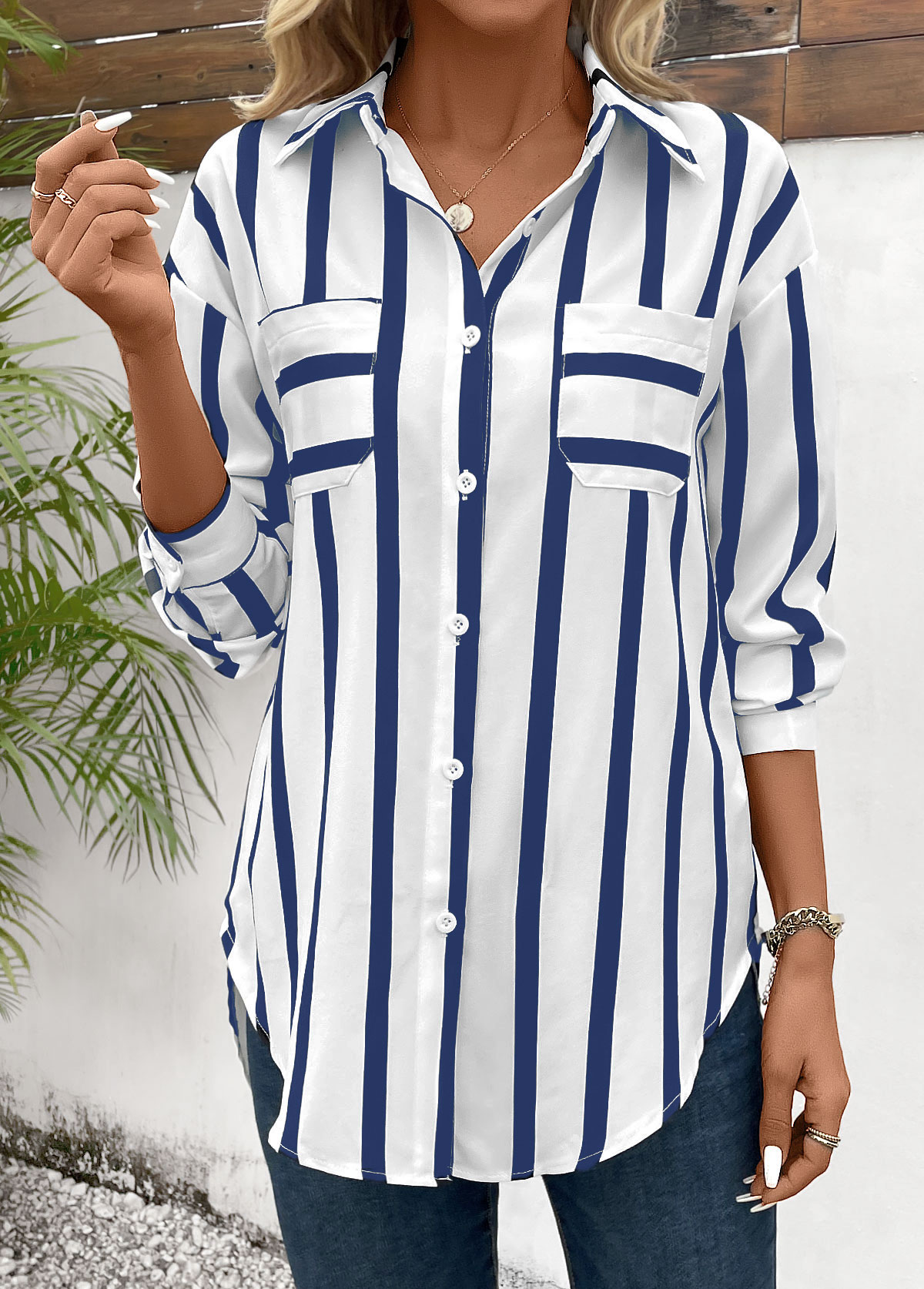 Striped Pocket Blue Long Sleeve Shirt Collar Blouse