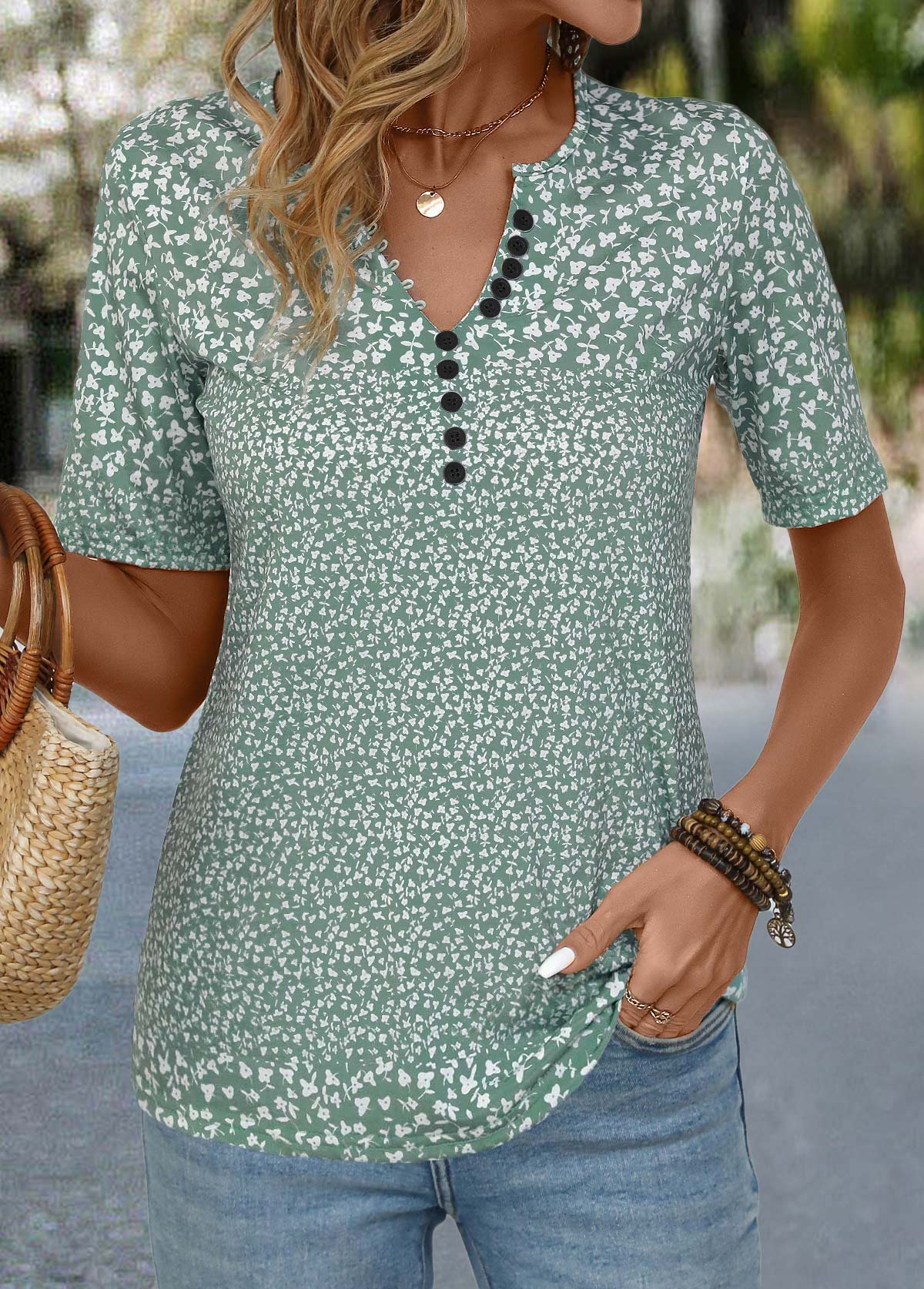 Ditsy Floral Print Button Sage Green T Shirt