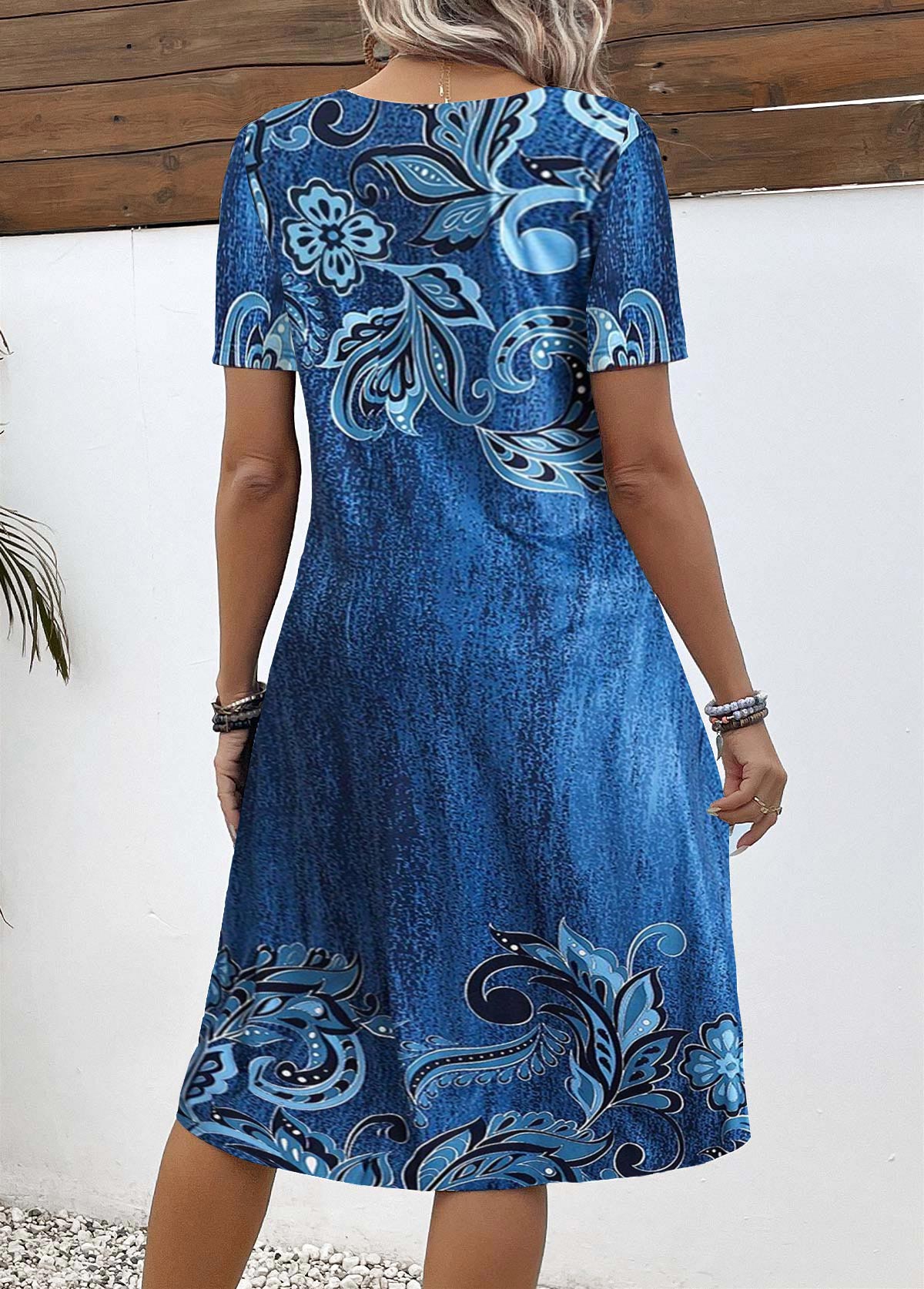 Floral Print Button Denim Blue A Line Dress